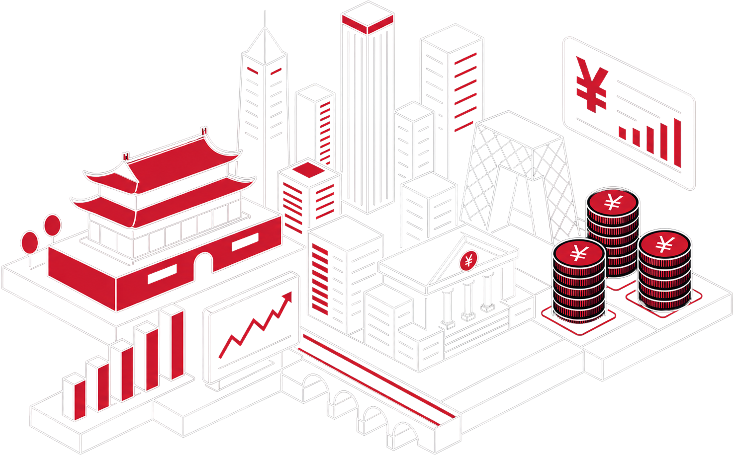Isometric line drawing of a Chinese financial city: a pagoda, towers, a looped tower, a bank, stacks of yuan coins, a data screen, and a bridge