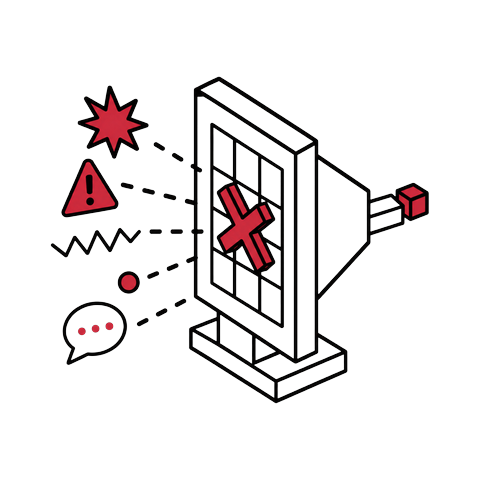 Isometric illustration of a megaphone marked with a red X, dashed lines pointing to a warning symbol, a burst, static, and a rumor bubble it refuses to broadcast