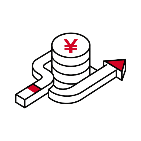 Isometric illustration of a stack of yuan coins with a rising arrow tracking the money trail