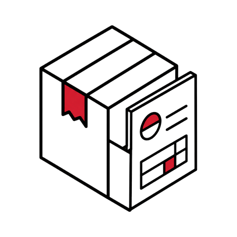 Isometric illustration of a customs shipping crate marked with a torn red label, next to a filed document