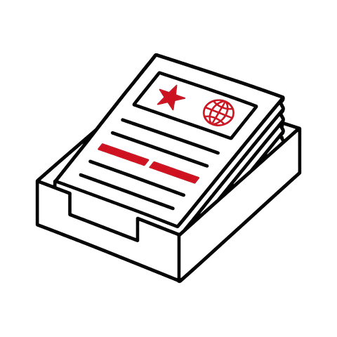 Isometric illustration of a document tray holding a stack of official papers marked with a star and a globe